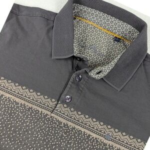 Louis Philippe Mens Charcoal Gray Geometric Print‎ Polo Shirt Small Short Sleeve